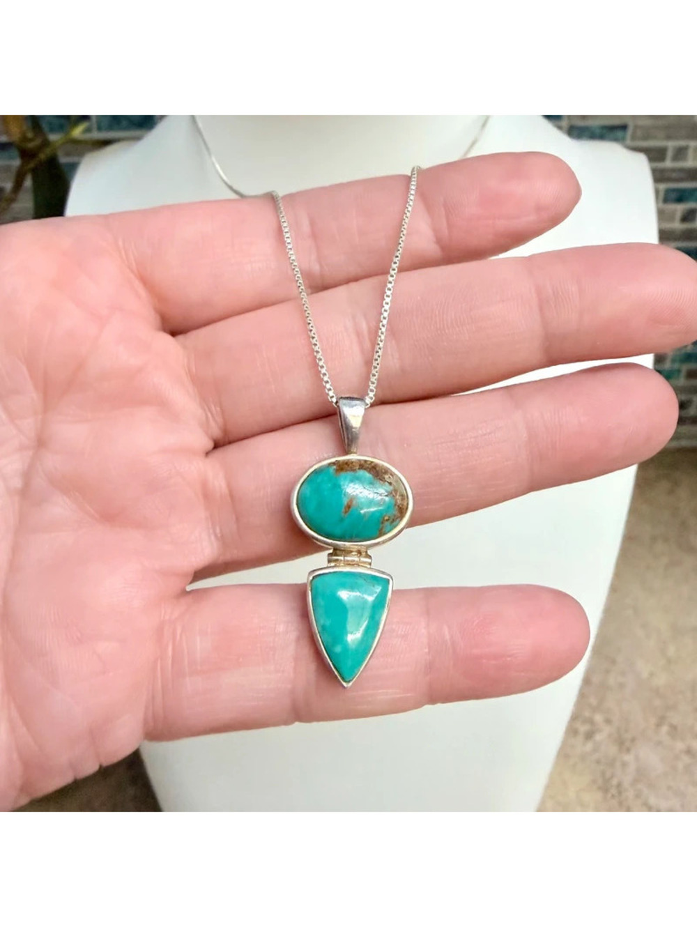 Vintage 925 Sterling Silver Turquoise Pendant Necklace Two Stone